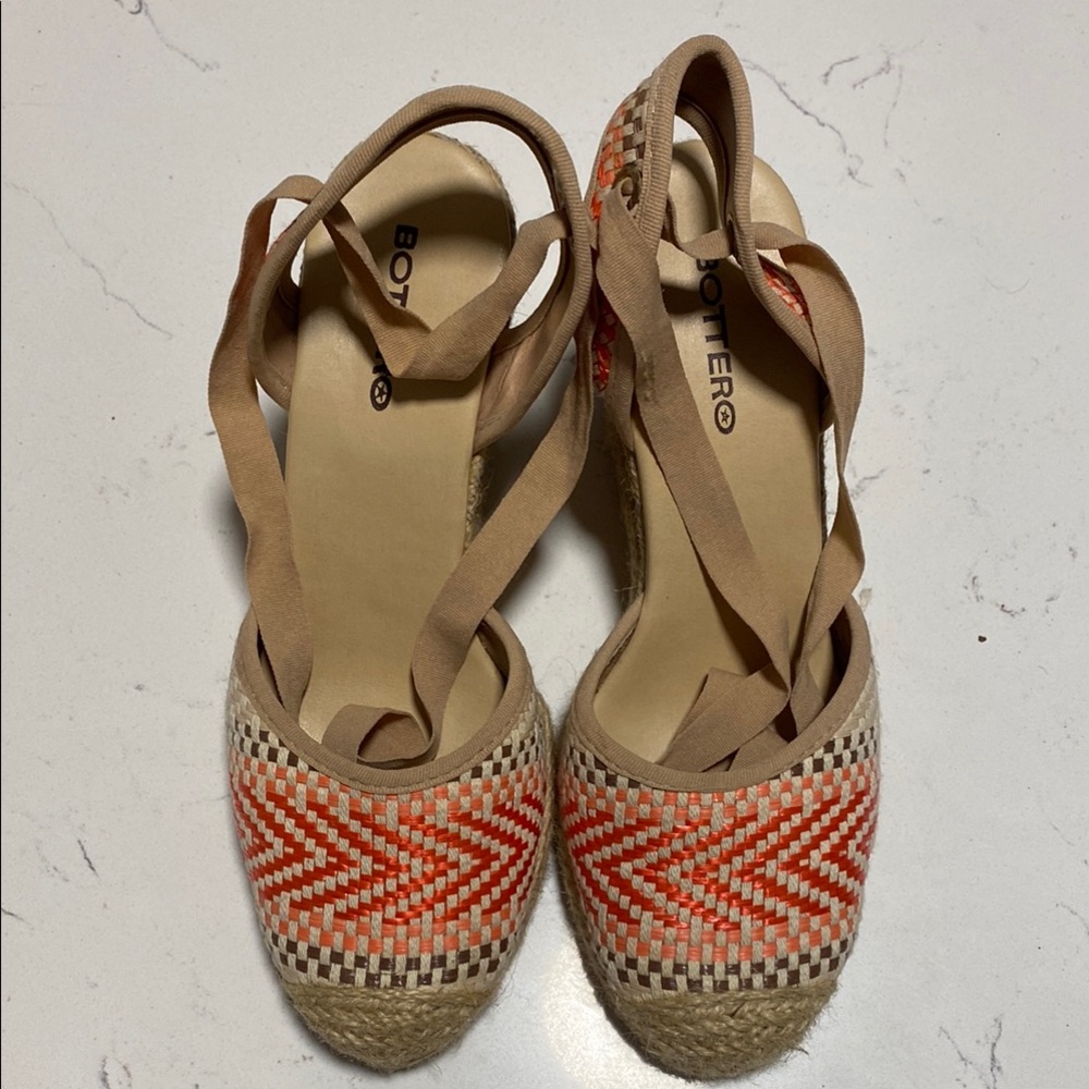 Tan and Orange Espadrille Wedges with Ankle Wrap